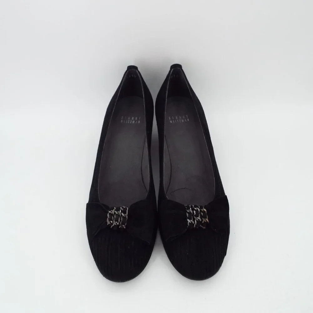 Stuart Weitzman Pleats Black Suede Wedge with Chain Bow Size 10N Narrow - Picture 3 of 16